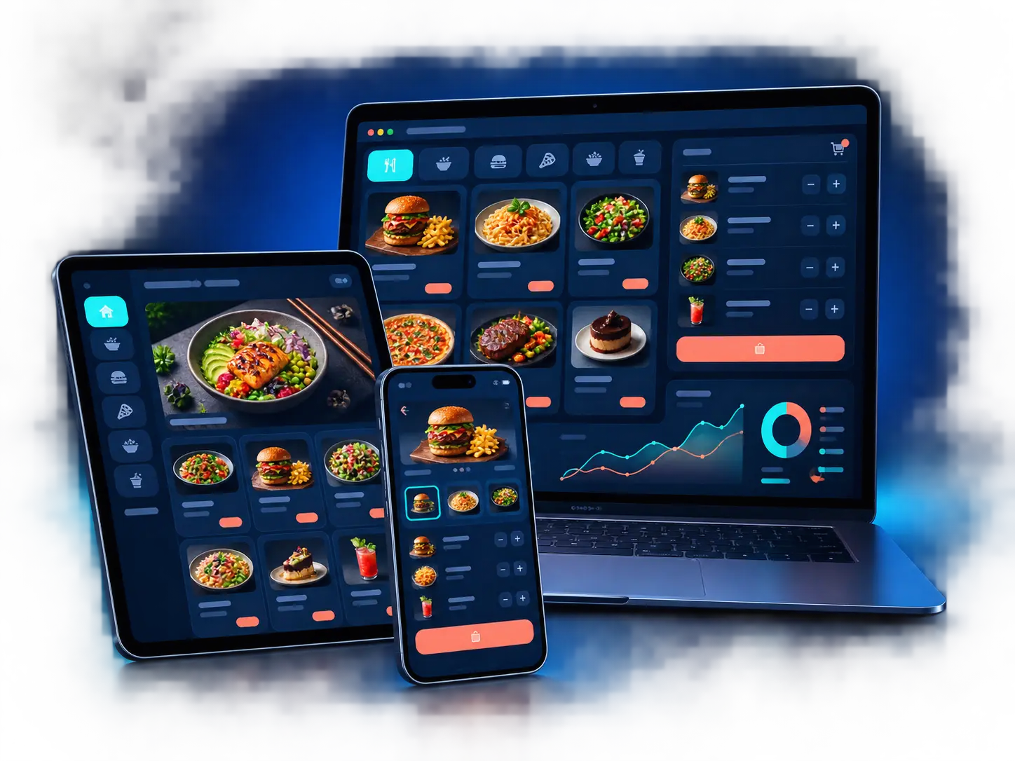 Laptop, Tablet und Smartphone mit Online-Bestellsystem für Restaurants ohne Drucker